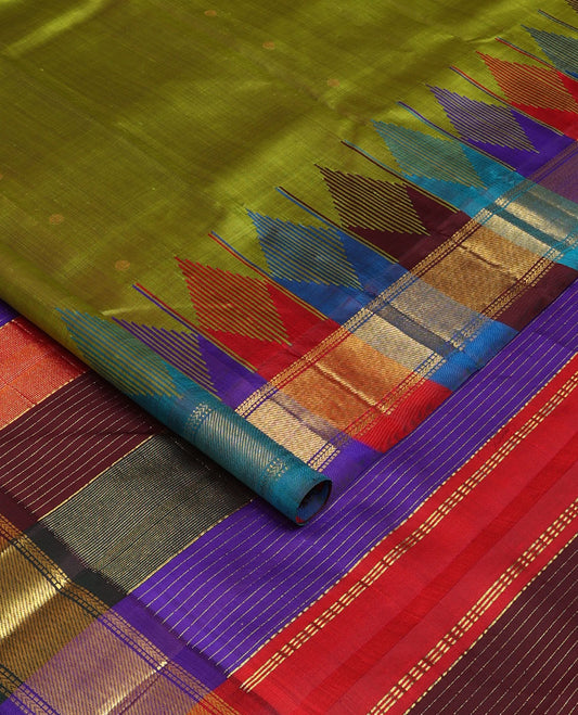 Olive green buttas Kanchipuram silk saree, contrast multi-color one-sided rekku border of muthu,kathir & stripes & zari design pallu