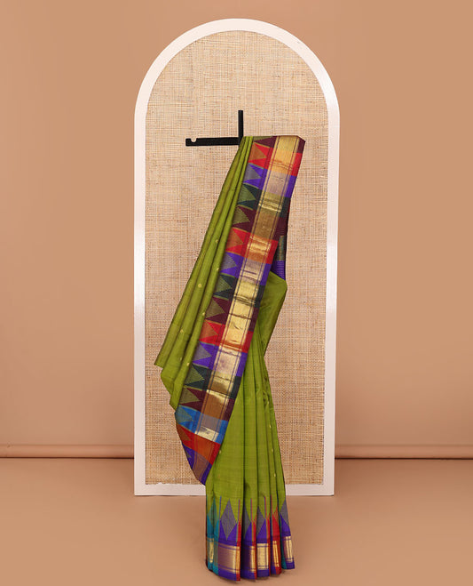 Olive green buttas Kanchipuram silk saree, contrast multi-color one-sided rekku border of muthu,kathir & stripes & zari design pallu