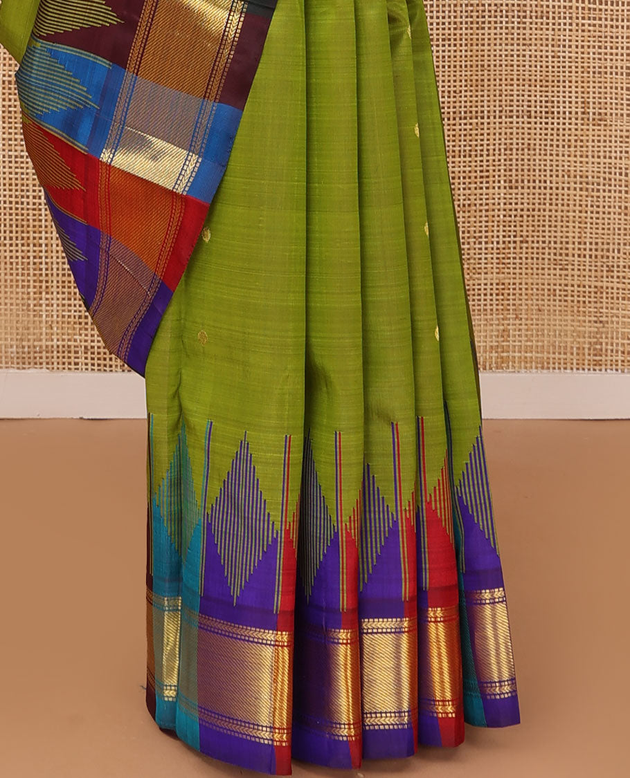 Olive green buttas Kanchipuram silk saree, contrast multi-color one-sided rekku border of muthu,kathir & stripes & zari design pallu