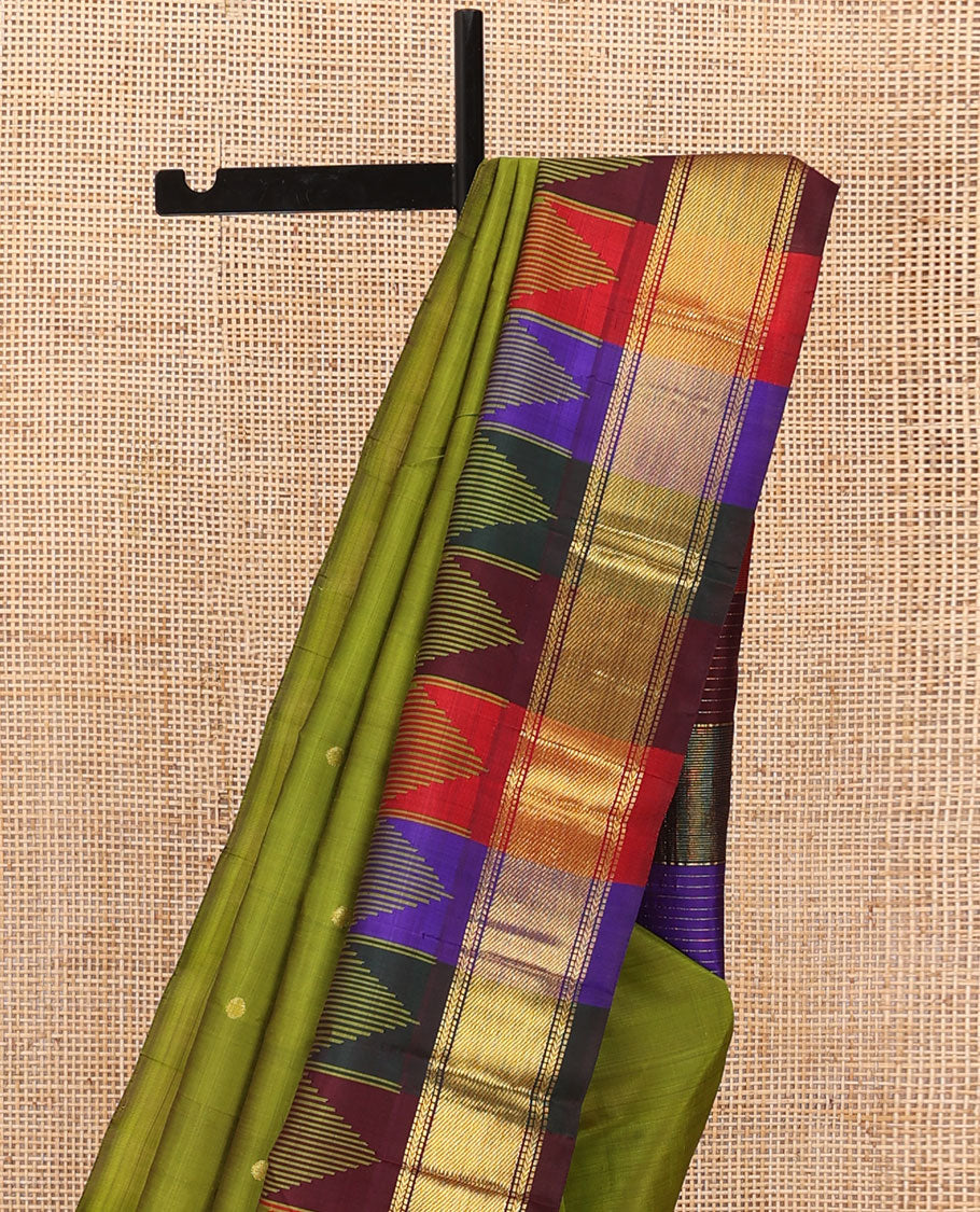 Olive green buttas Kanchipuram silk saree, contrast multi-color one-sided rekku border of muthu,kathir & stripes & zari design pallu