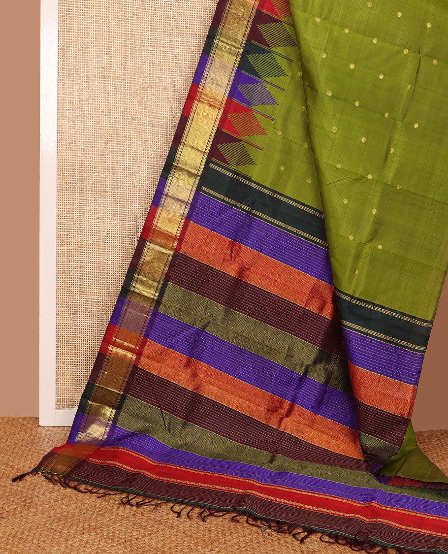 Olive green buttas Kanchipuram silk saree, contrast multi-color one-sided rekku border of muthu,kathir & stripes & zari design pallu