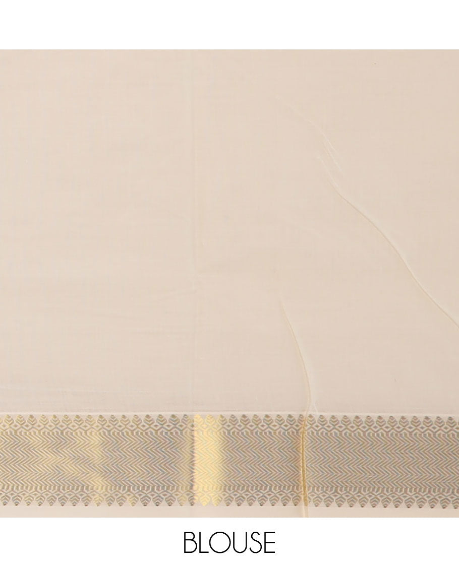 Cream pine tree zari buttas Kerala saree, traditional zari border, and pallu of pine tree motifs