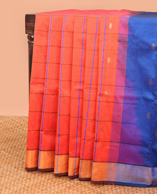 Orange checked design kuppadam silk saree, plain border & contrast pallu of stripes & buttas