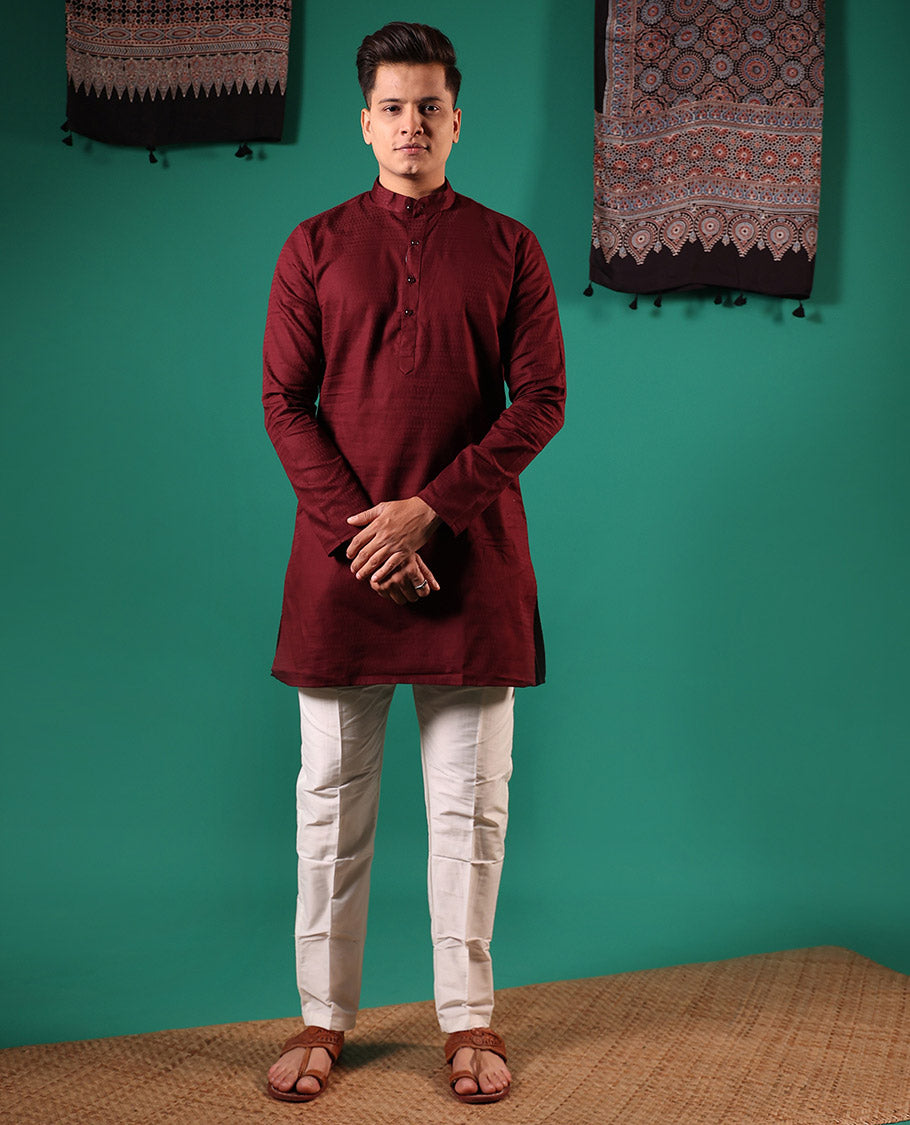 Maroon embossed full-sleeved men's kurta