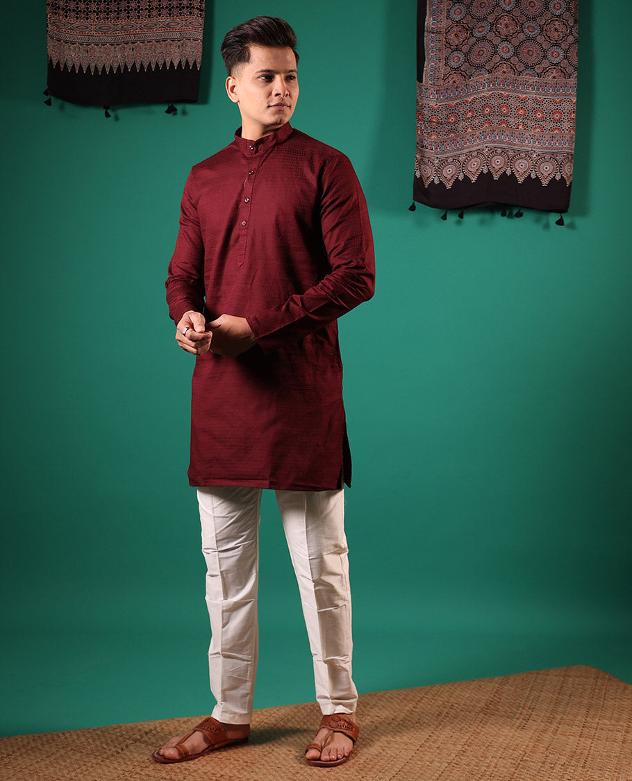 Maroon embossed full-sleeved men's kurta