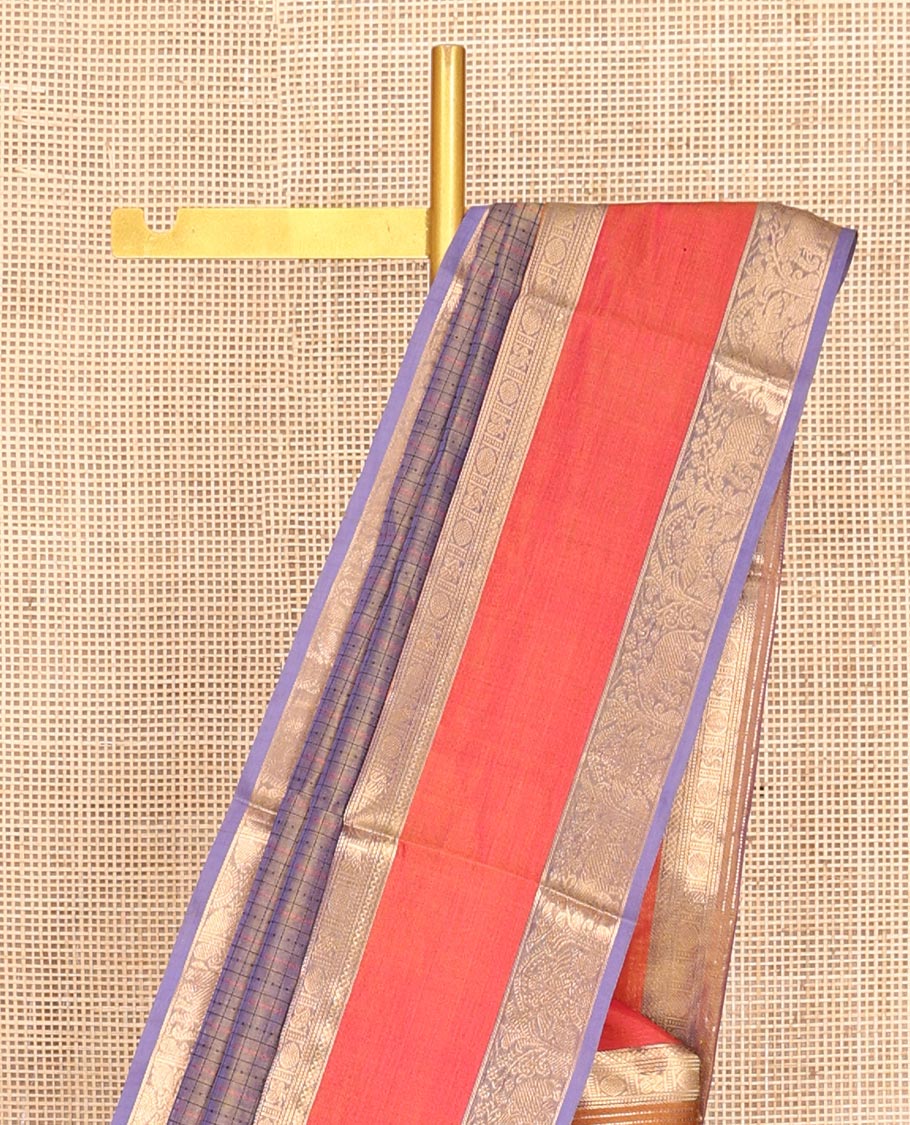 Lavender Buttas-Checks Kuppadam Silk Saree, a Contrast Double-Pet Border, Grand Pallu,  Matching Blouse