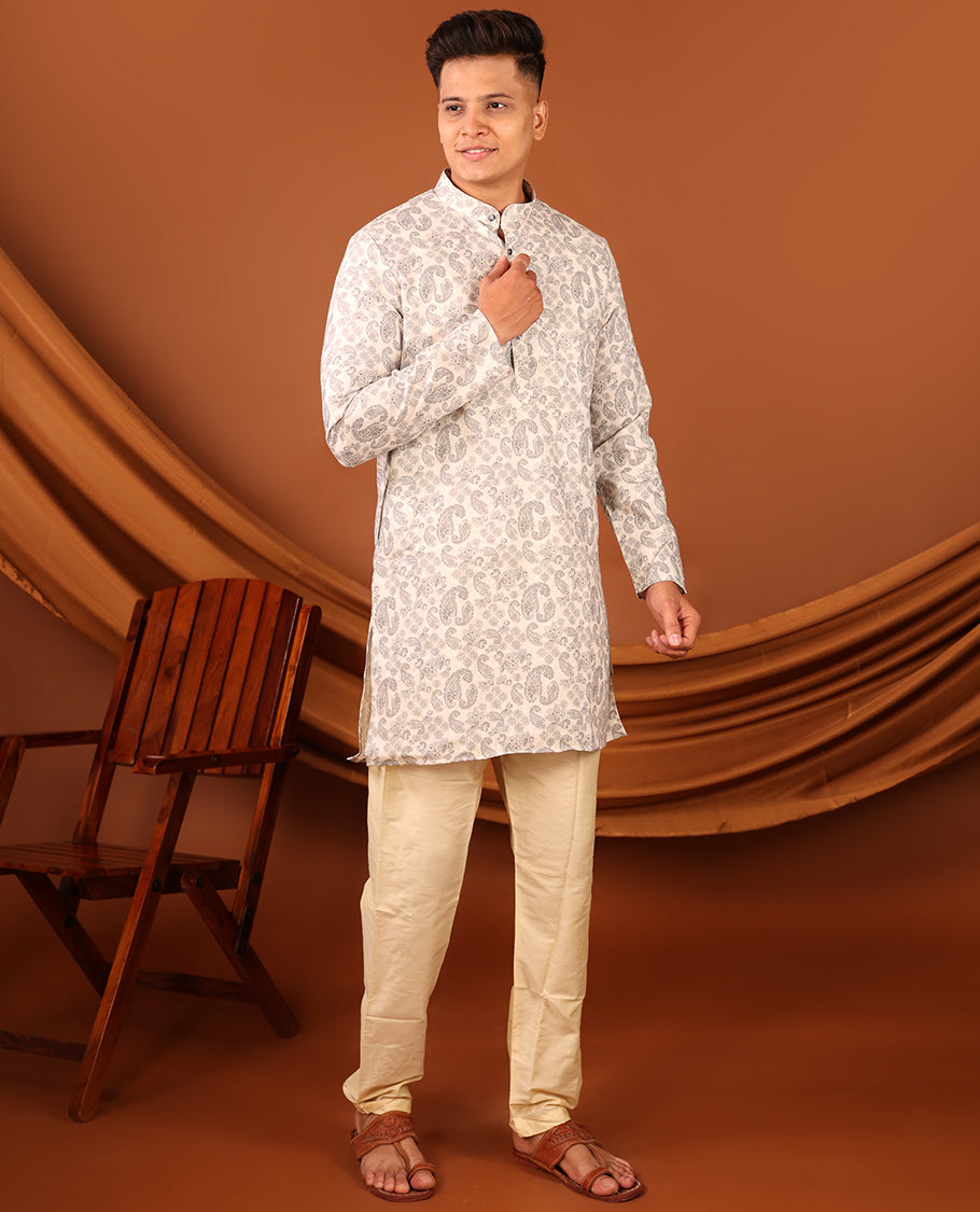 Off-White Paisley Motifs Printed Full-Sleeved Men's Kurta
