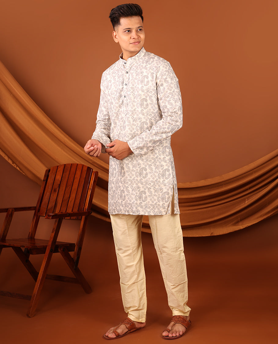 Off-White Paisley Motifs Printed Full-Sleeved Men's Kurta