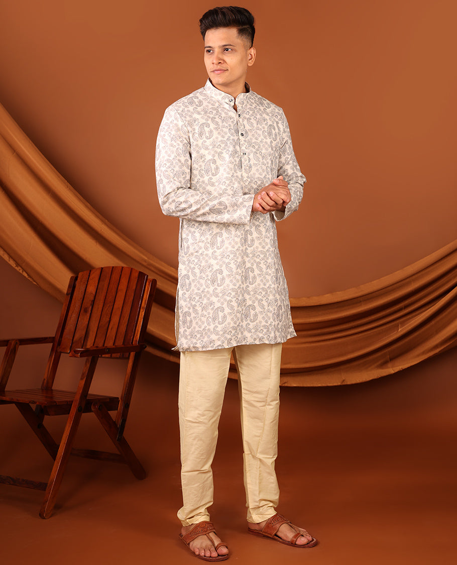 Off-White Paisley Motifs Printed Full-Sleeved Men's Kurta