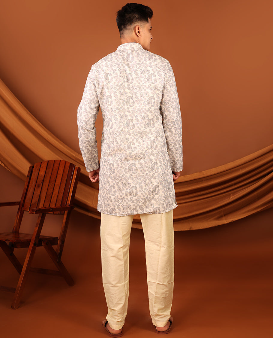 Off-White Paisley Motifs Printed Full-Sleeved Men's Kurta