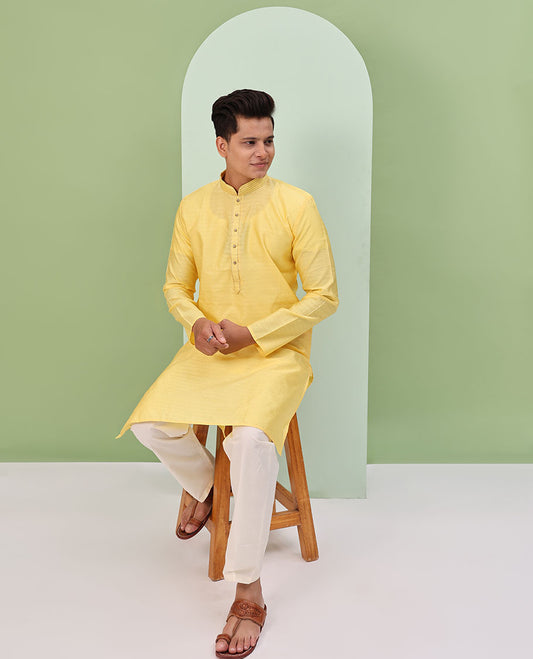 Yellow Baby blue embossed design full-sleeved kurta