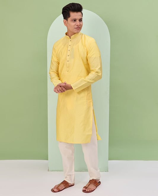 Yellow Baby blue embossed design full-sleeved kurta