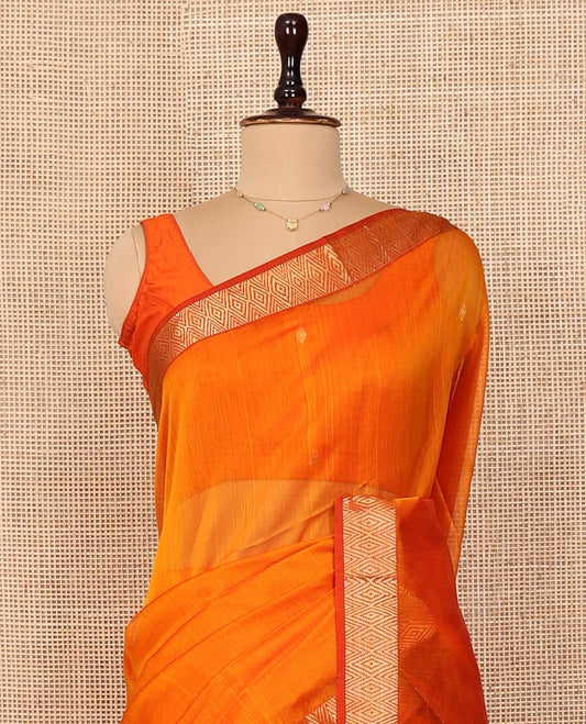 Orange Maheshwari Cotton Saree, Subtly Enriched with Buttas on Its Body, Highlighted by Chevron Zari Design Border, Pallu of Zari Designs, and Paired with a Matching Blouse