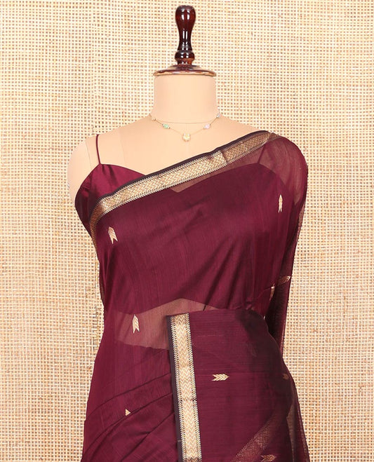 Maroon Maheshwari Cotton Saree, Adorned With Zari Buttas All Over Its Body, Highlighted by Zari Traditional Border, Zari Designs Woven Pallu and Paired with a Matching Blouse