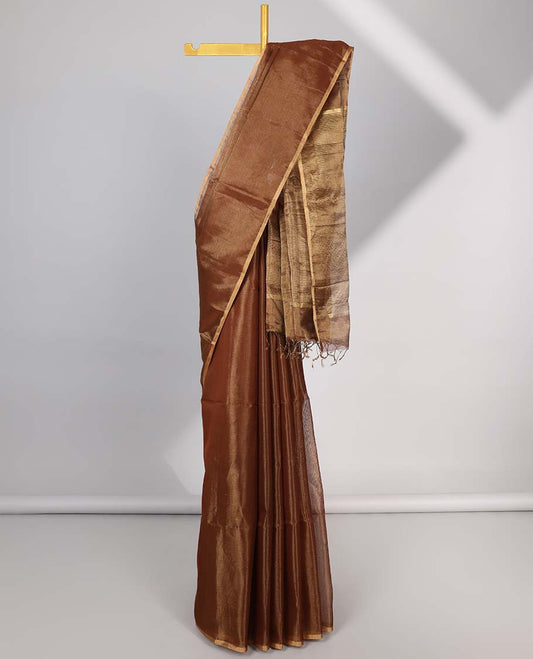 Brown maheshwari cotton saree with contrast zari border & striped zari pallu