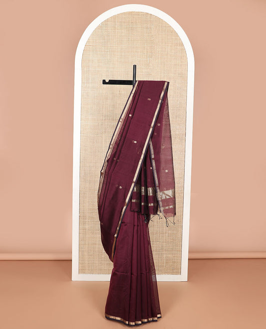 Maroon floral motifs maheshwari cotton saree with self zari design border & floral design pallu