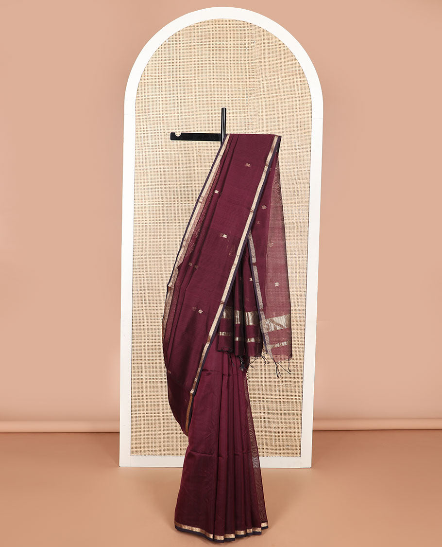 Maroon floral motifs maheshwari cotton saree with self zari design border & floral design pallu