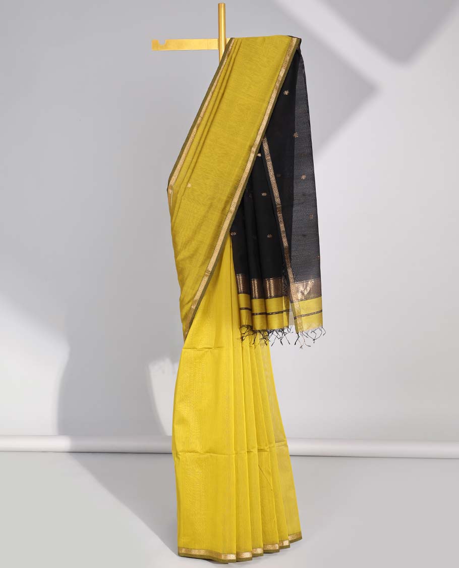 Green  floral motifs maheswari cotton saree with contrast zari border & floral motifs pallu
