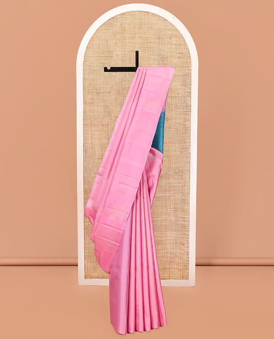 Borderless Pink Mayuri Soft Silk Saree, Accentuated with Stripes and Buttas All Over Its Body, Complemented by a Contrast Scallop Design Pallu, and Paired with a Contrast Blouse