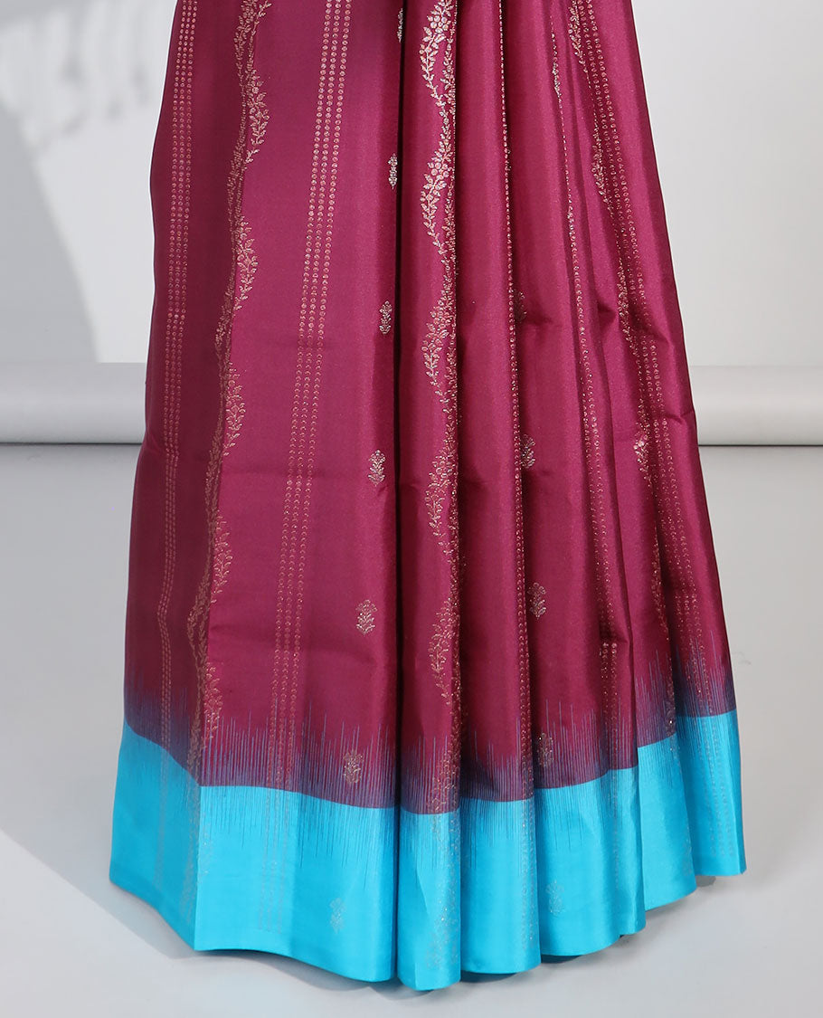 Purple striped, floral design soft silk saree with contrast zari border & traditional zari design pallu