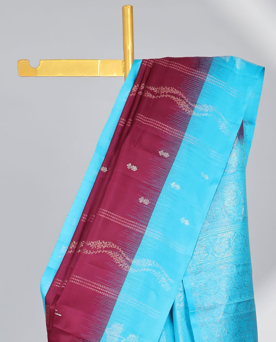 Purple striped, floral design soft silk saree with contrast zari border & traditional zari design pallu