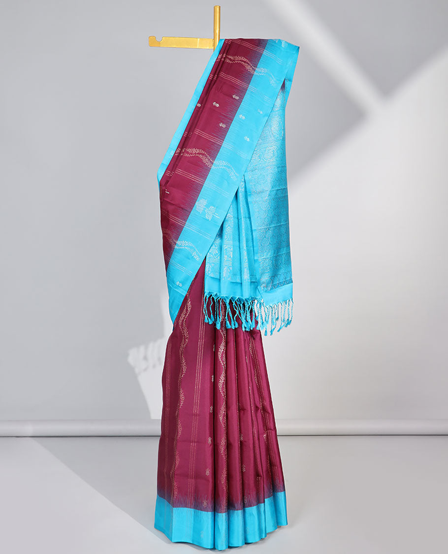 Purple striped, floral design soft silk saree with contrast zari border & traditional zari design pallu
