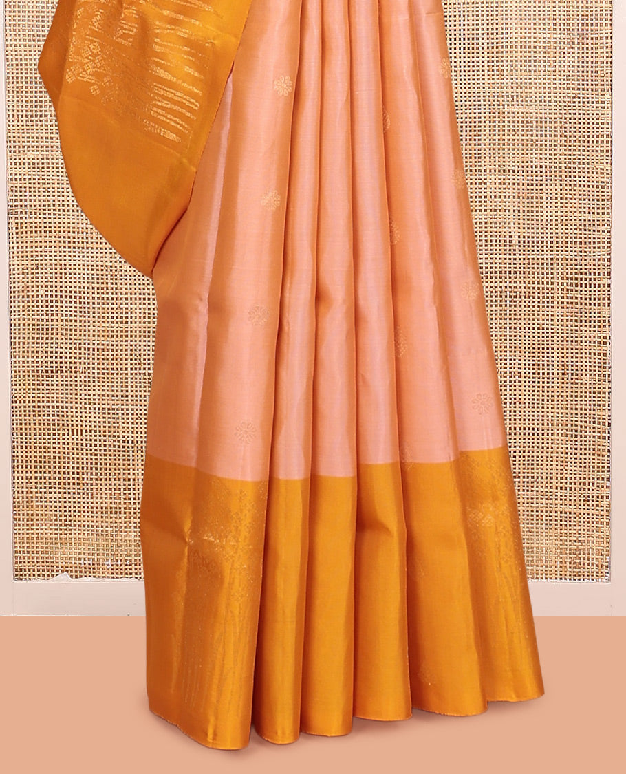 Peach Mayuri Lite Silk Mix Saree, Sparsely Woven with Zari Buttas, Complemented By Contrast Border of Floral Buttas, a Grand Pallu, and a Contrast Blouse