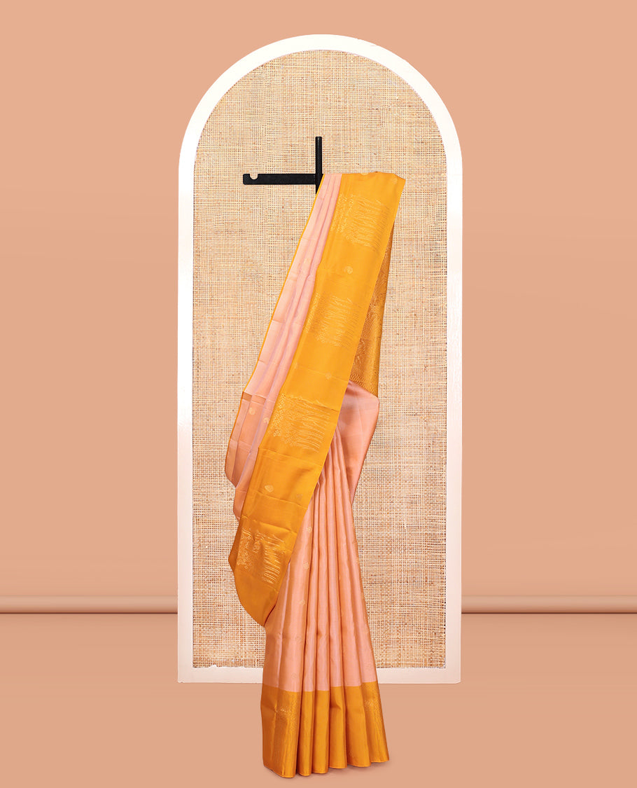 Peach Mayuri Lite Silk Mix Saree, Sparsely Woven with Zari Buttas, Complemented By Contrast Border of Floral Buttas, a Grand Pallu, and a Contrast Blouse