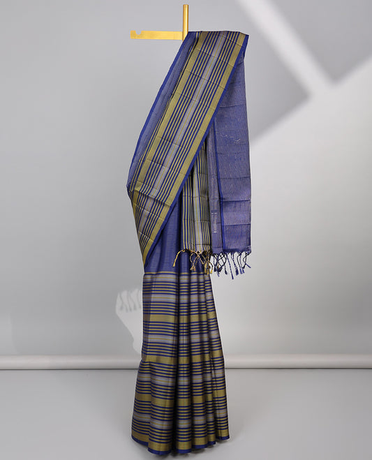 Blue striped mayuri soft silk saree with self striped border & zari design pallu