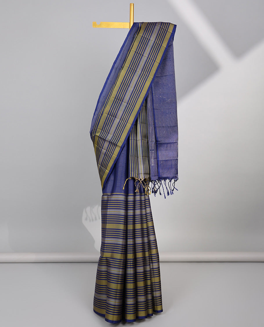 Blue striped mayuri soft silk saree with self striped border & zari design pallu