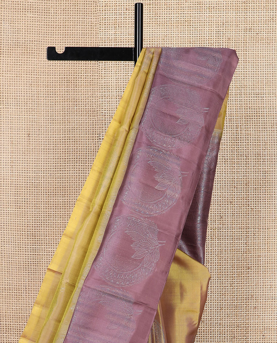 Green zari buttas soft silk saree, contrast round motif border & pallu of floral & geometric designs