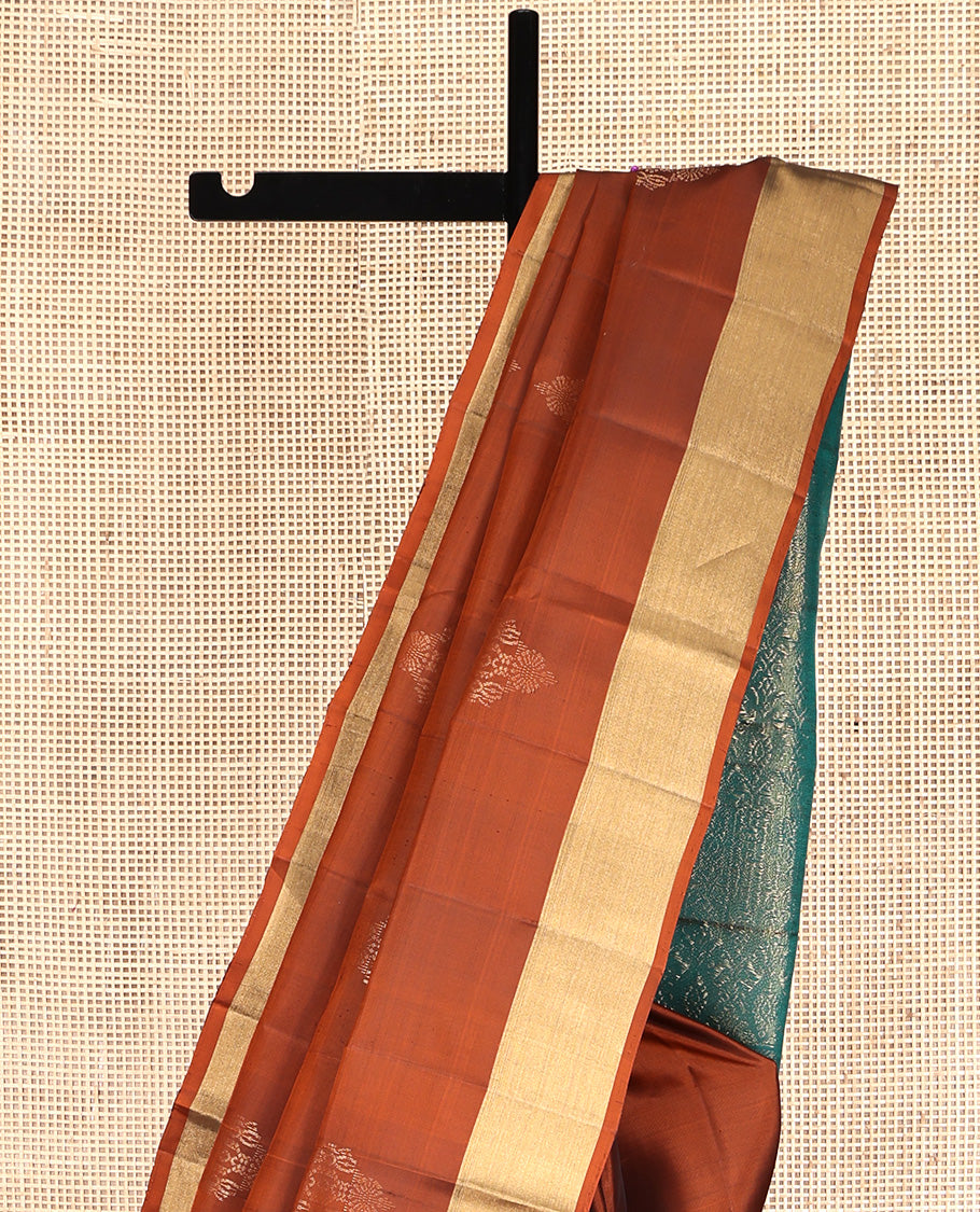 Rust Mayuri Lite Silk Mix Saree, Decorated with Zari Buttas All Over Its Body, Highlighted by Zari Bavanji Border, Complemented by Intricately Designed Pallu, and Paired with a Contrast Blouse