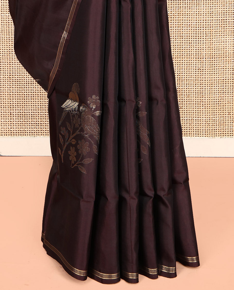 Brown Mayuri Lite Silk Mix Saree, Ornamented With Floral-Macaw Buttas, a Subtle Piping Border, Geometric Pallu and a Matching Blouse