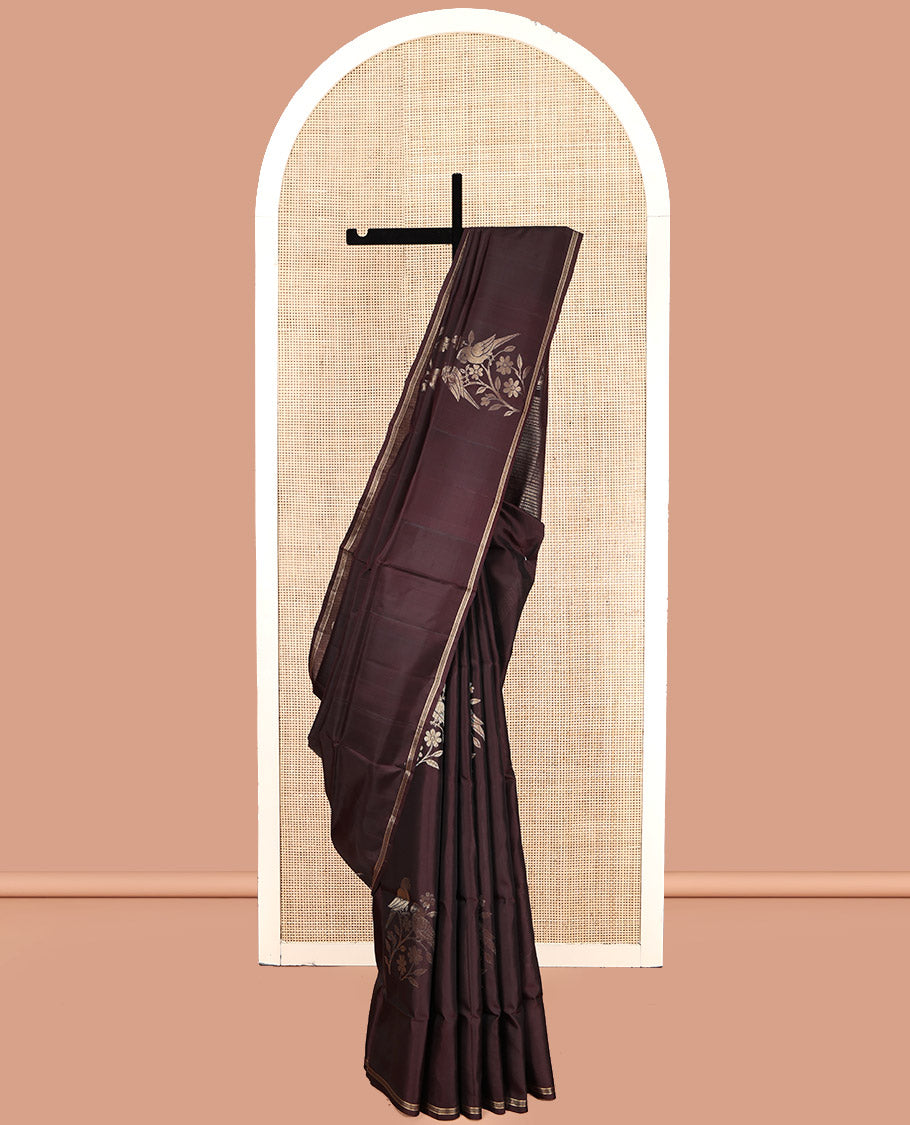 Brown Mayuri Lite Silk Mix Saree, Ornamented With Floral-Macaw Buttas, a Subtle Piping Border, Geometric Pallu and a Matching Blouse
