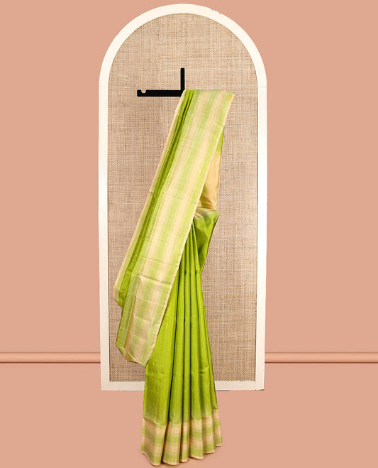 Green Mayuri Soft Silk Saree, Detailed with Zari Stripes, Complemented by a Contrast Border, Pallu of Zari Designs, and Contrast Blouse