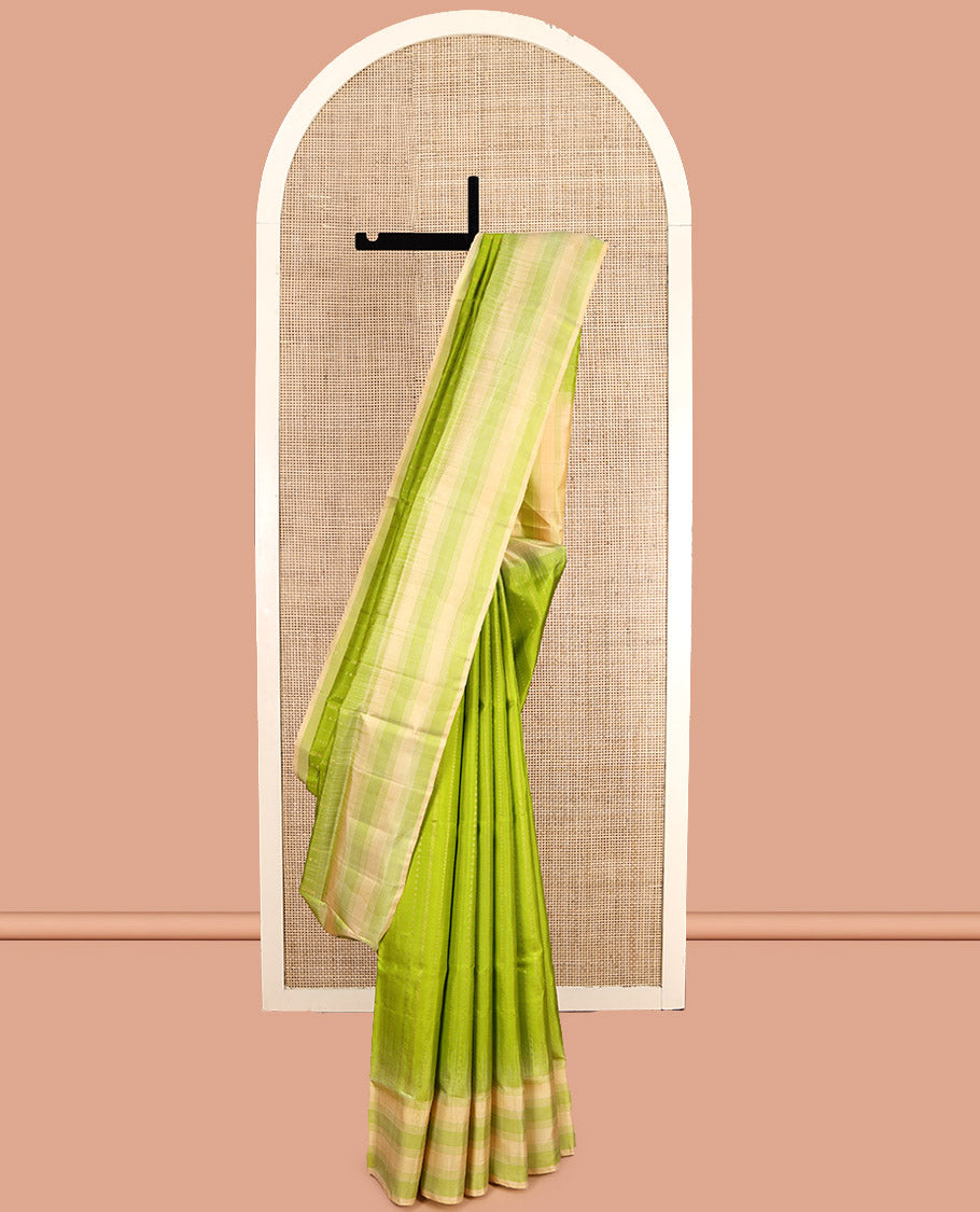 Green Mayuri Soft Silk Saree, Detailed with Zari Stripes, Complemented by a Contrast Border, Pallu of Zari Designs, and Contrast Blouse