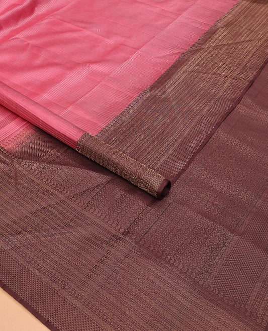 Pink Mayuri Soft Silk Saree Features Sparse Textures Across Its Body, Complemented by a Contrast Border of Manga, Muthu, Banaras, Vanki, and Ara Maadam Designs, Pallu of Floral Design Weave, and Paired with a Contrast Blouse