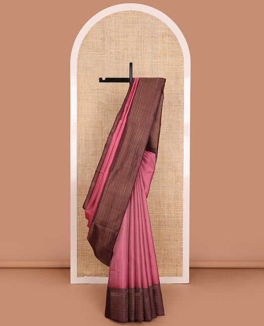 Pink Mayuri Soft Silk Saree Features Sparse Textures Across Its Body, Complemented by a Contrast Border of Manga, Muthu, Banaras, Vanki, and Ara Maadam Designs, Pallu of Floral Design Weave, and Paired with a Contrast Blouse