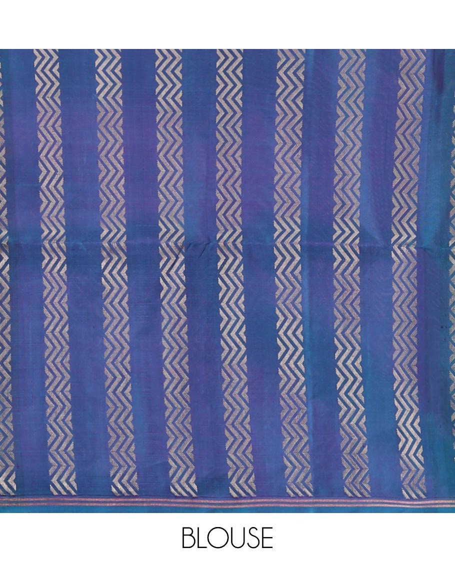 Borderless blue kuthirai, kamalam, yaanai, and Kumbha enclosed Mughal arches soft silk saree, pallu of chevron designs