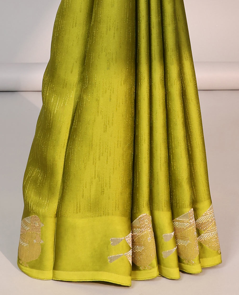 Green mushru silk saree with self bird motifs border & pallu of argyle pattern