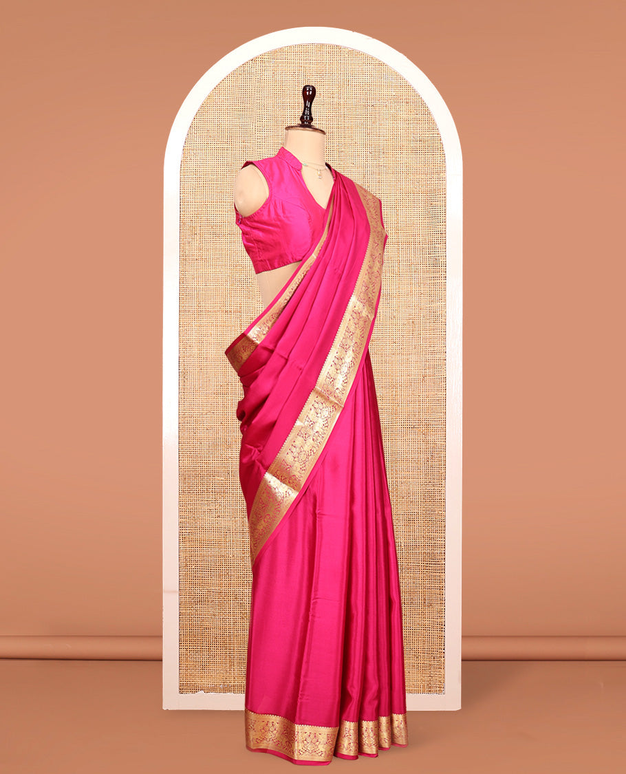Pink Plain Mysore Silk Saree, Highlighted by a Traditional Zari Border of Yaali Designs, Pallu Steeped with Traditional Designs, and Paired with a Matching Blouse