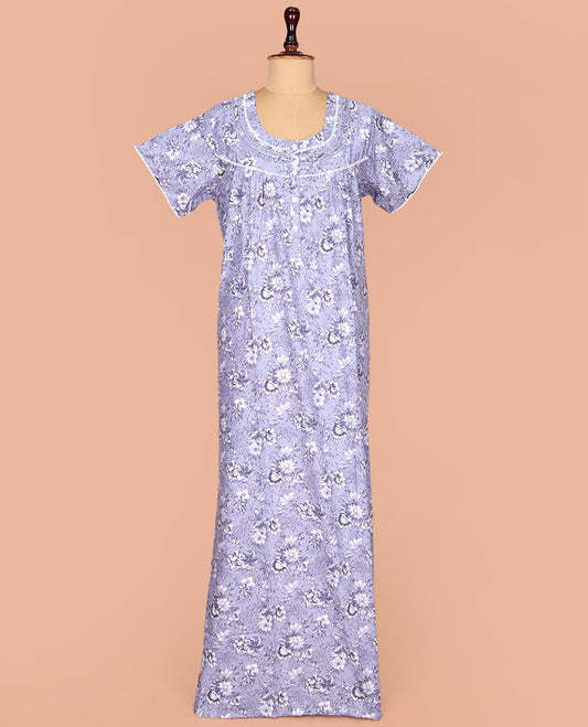 Grey Cotton Nighty Prettified with Floral Print, Featuring Lace Work, Round Front Neck, and Half  Sleeves