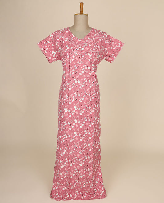 Red floral printed & v neck with lace, cotton half-sleeve nighty