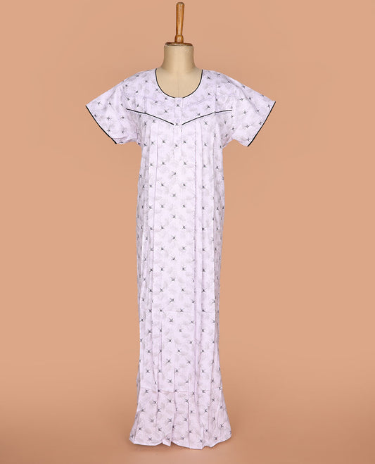 Pale lavender flora-geometric printed with round neck lace work, half-sleeve nighty