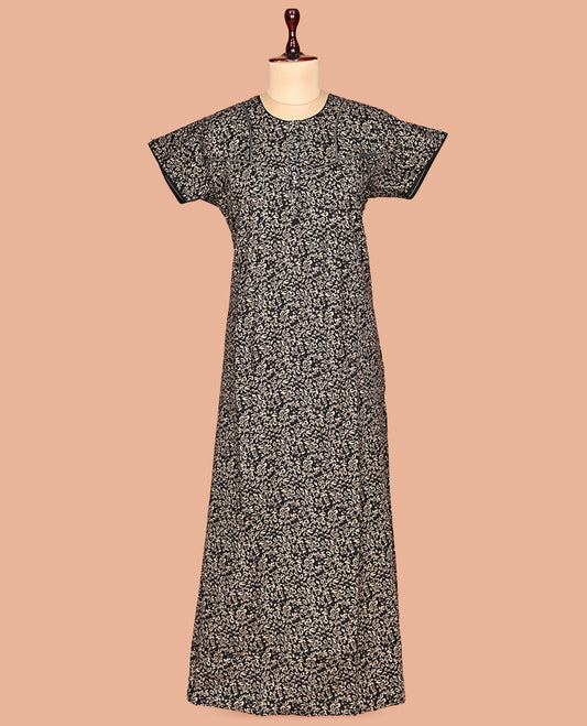 Black Floral Print Cotton Blended Nighty