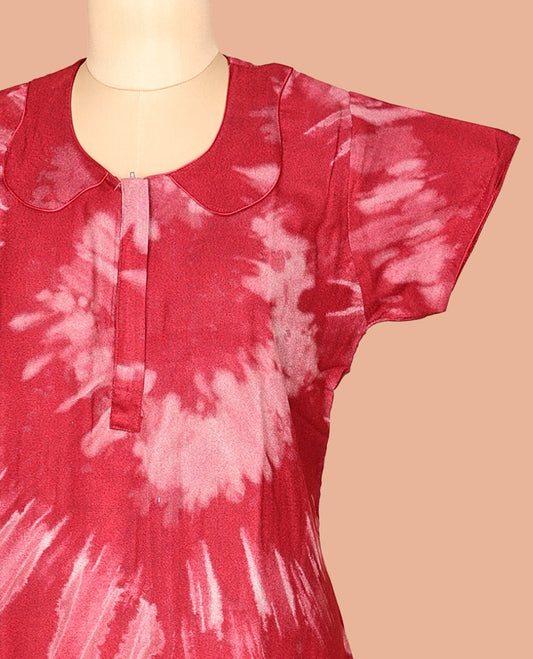 Red Collar Neck Cotton-Blended Nighty