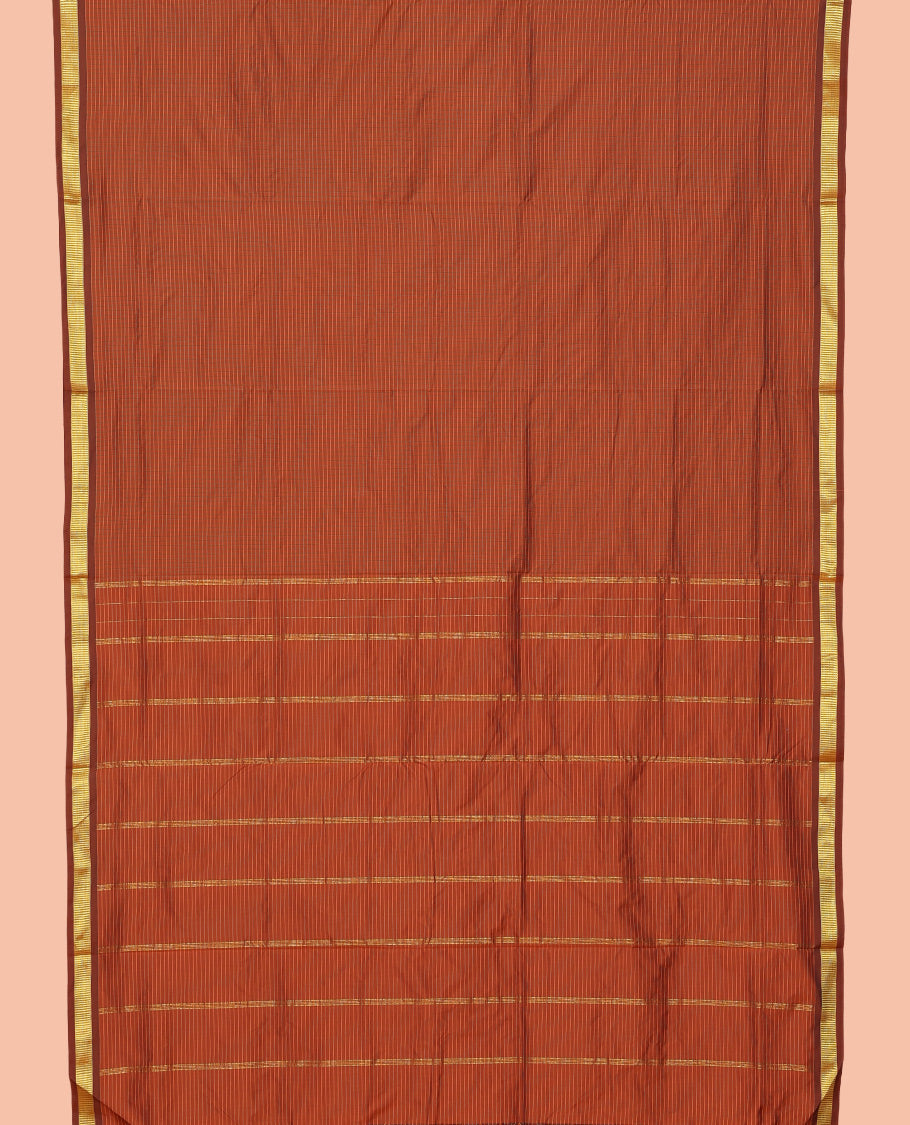 Rust Checked Art-Silk Nine Yard Saree, a Traditional Zari Border, a Self-Pallu, and No Blouse