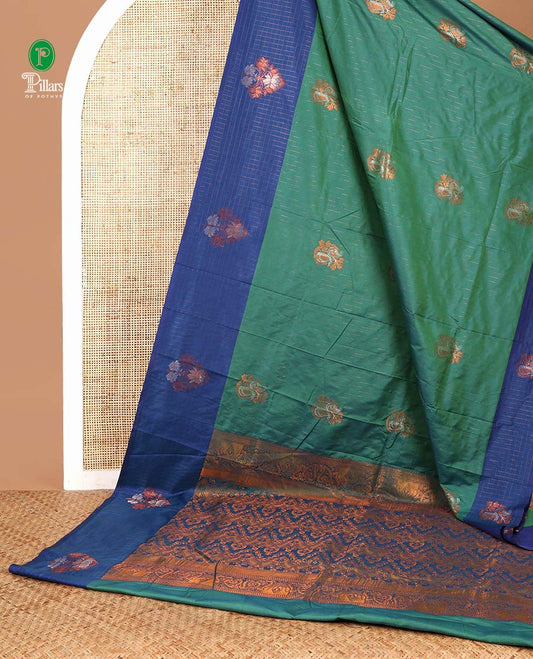 Rama green zari mango butta design soft silk saree with lotus flower design border & rich weaving pallu along with butta design blouse