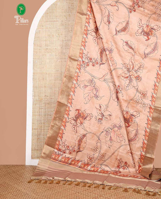 Cream digital printed khicha tussar saree with bawanchi border & jute weaving pallu along with zari weaving blouse