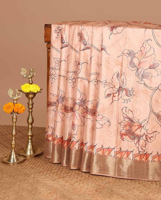 Cream digital printed khicha tussar saree with bawanchi border & jute weaving pallu along with zari weaving blouse
